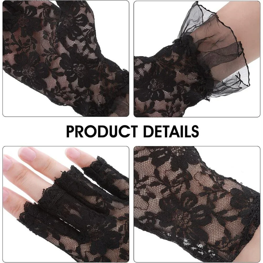 Women's Black Lace Short Floral Finger Less Dress Up Costume Gloves